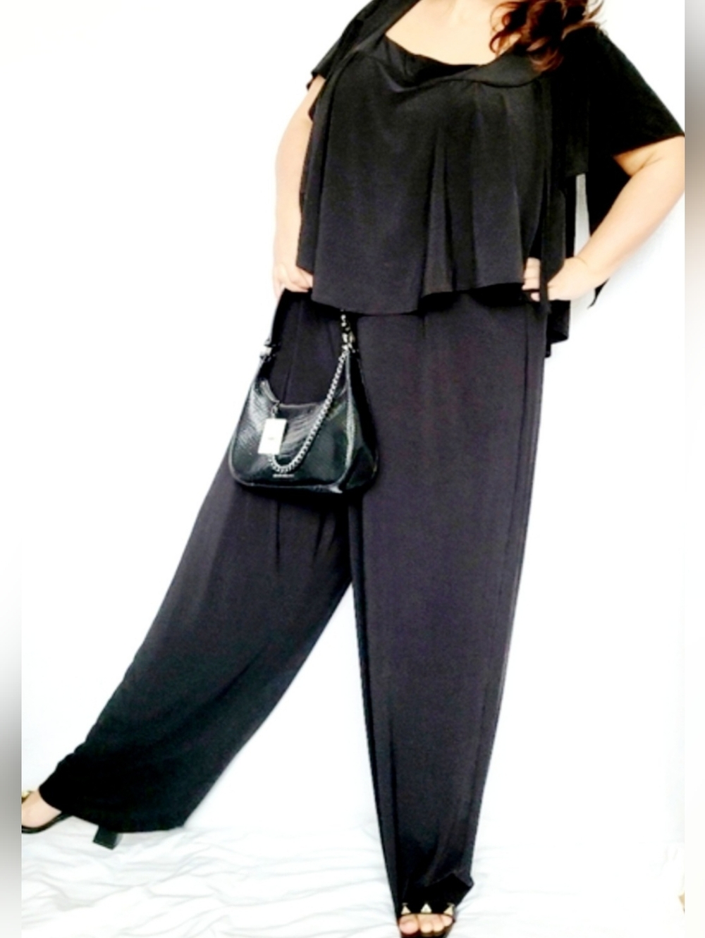 Emma & Michelle Plus Size Jumpsuit Stretch Pull On Flutter Sleeves Black 3X - Picture 8 of 16